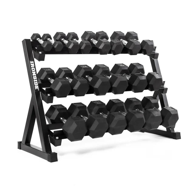 Set 550 lb Mancuernas Hexagonales (5 a 50 lb) + Rack de Almacenamiento IRONSIDE